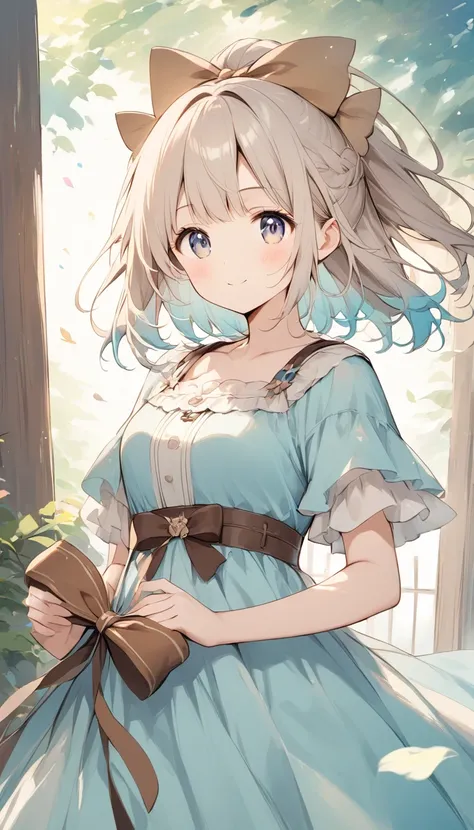    holding a wooden bow bright lines and soft colors create a dreamy effect., A fleeting impression.., one woman 、Girl with a wooden bow    、I have a wooden bow、cute、  Fantasy Villagers 、Background white、