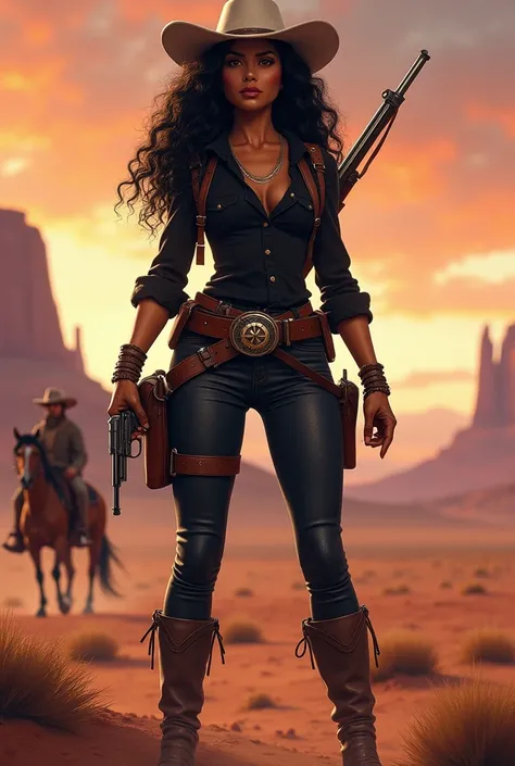  A western-style woman in an arid setting ,  wearing wide-brimmed white hat, black curly hair, black shirt, black vest and tight pants .  She holds a revolver in one hand and carries a rifle on her back .  The background shows a desert with reddish mountai...