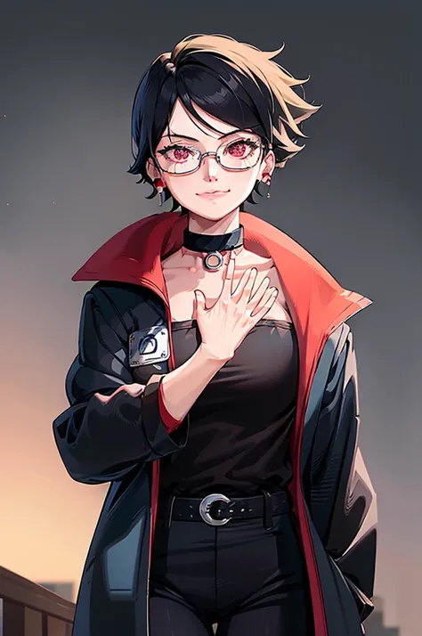 masterpiece,  best quality,  high definition ,  1 girl , , (Mangekyo Sharingan),  jewelry,  earrings for a woman alone ,  choker, Glasses,(Bewitching Smile), lips, shirt, white  shirt,  watching viewers, black tie, (black pants:1.1), gap, tie,  medium brea...