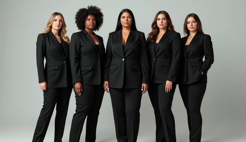 Create 5 full-length girls of different sizes but wearing identical black suits