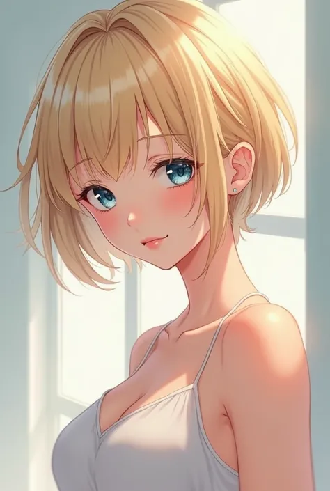  create an anime character, who has light blond hair , short to the neck,  who has blond lashes and blonde eyebrows ,  beautiful blue eyes , Chubby, pink lips, beautiful face, Big  and plump femininity make her naked.