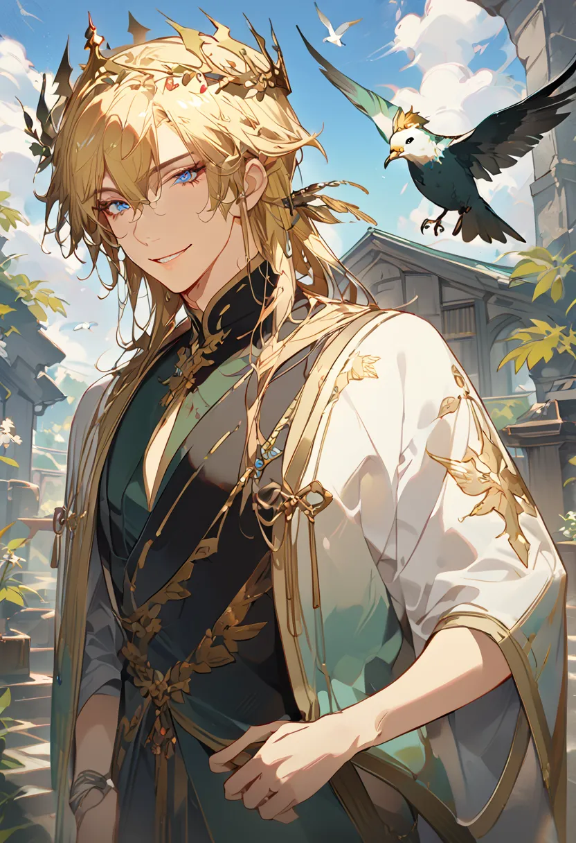 masterpiece, best quality, 8k ,4k , 1male, elf King, Golden Blond, Blue greenish eyes, gold wreath crown, hair ornament, long hair, finely detailed eyes and detailed face, looking at viewer, black sleeveless, half robe, patterned clothes, gold embroidery c...