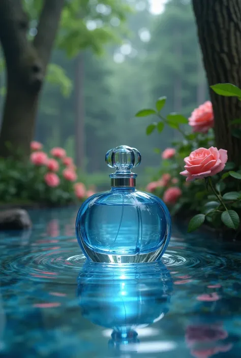 A blue perfume bottle touching the surface of water with tree trunks and roses
