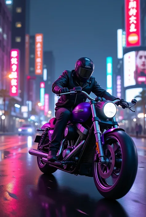 A motorcyclist on a purple motorcycle in the city at night