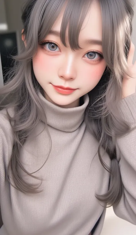 one woman、1Four Talents、Cozy turtleneck sweater、Upper body angle、 very cute 、Perfect looks、 braided 、Grey Hair、The glare of the sun、 written on it、 blurry background、Particles of light、Strange Wind、 High Quality、 best quality、 ultra high resolution、 Maste...
