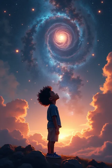 Black boy with curly hair looking at the immensity of the universe