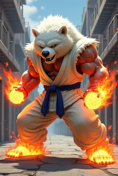 Ryu de street fighter avec une tête d ours blanc et une boule de feu dans les mains 
