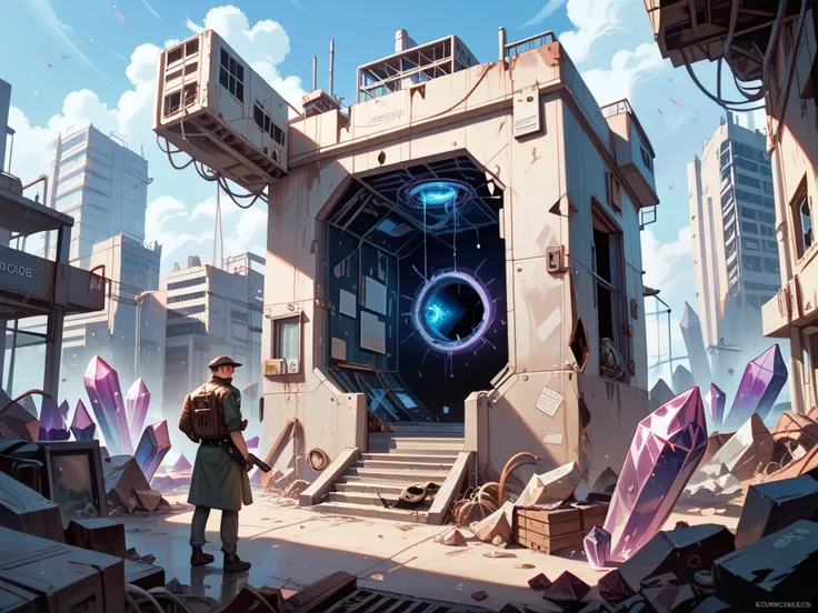  Make a post-apocalyptic scenario in a deserted area with some people wearing scientists clothes,  they are messing with some large devices that are in the environment ,  in the middle of the entire environment there is a black hole with purple edges , Aro...