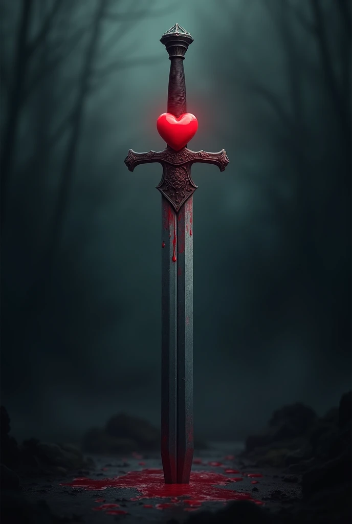  Create a banner , with a sword on it ,  in the background and its blade is pierced by a small emoji heart.  Drops of blood fall from the heart .  There is a dark, gloomy world  