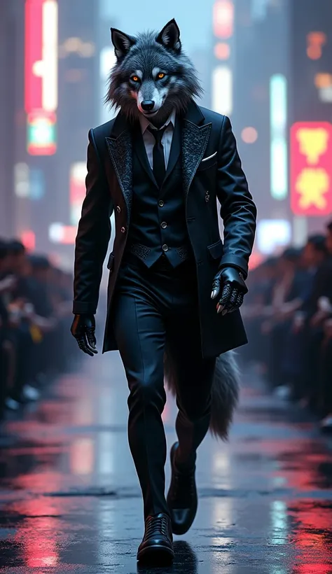 A friendly, cyberpunk, hyper realistic, cinematic werewolf in a suit parading down a fashionista catwalk Alta resolução,  silhouette , Cinematic, 