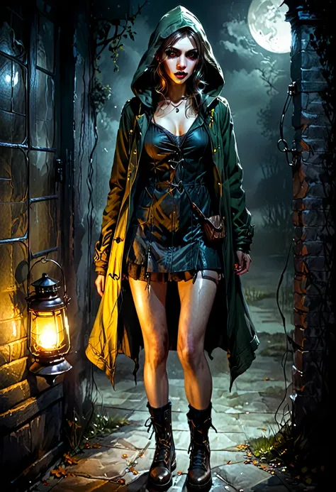 realistic, Charlie Bowater style, vampire, ugly woman, left eye swollen shut, pockmarked skin, overlong fingers, yellowish eyes, no breasts, old coat with hood, miniskirt (faded and frayed), combat boots, stands in a dark corner away from a lantern in the ...