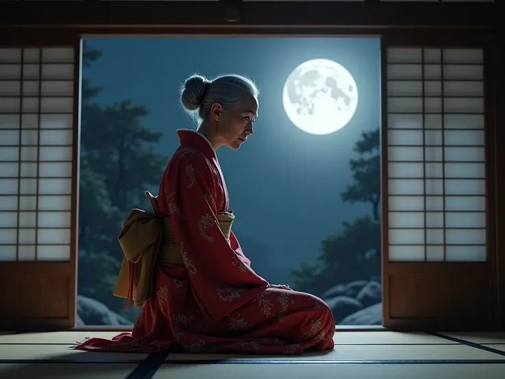  The camera angles from below 　elder　 red kimono　Gray Hair　Edo　Shoji screen　night　moon　 sitting 　seiza　Tatami room　Bun Head