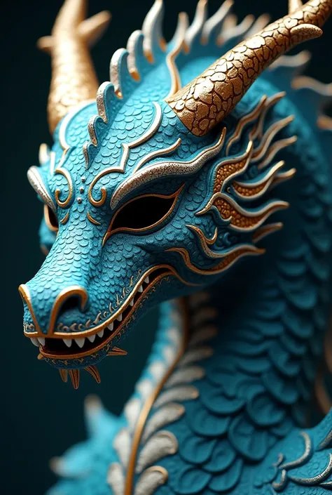   A mystical sea dragon mask, in the colors silver and gold and blue  