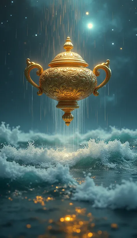 A very Beautiful,Decorated Highly Detailed Golden indian pot in air.Background in Beautiful sea with Heavy water waves,universe and rain.Generate Highly Resolution Detailed Cinematic Hyper Realistic 3D 8k images.