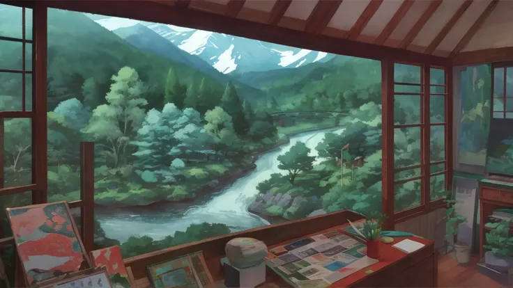 forest,river,mountain ,studio ghibli style ,cozy