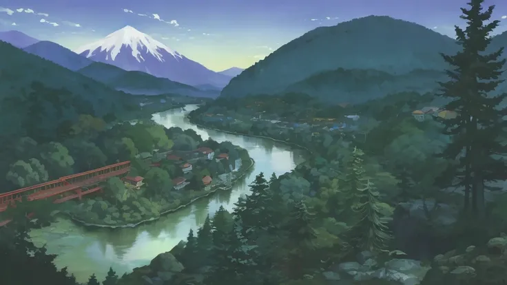 forest,river,mountain ,studio ghibli style ,cozy
