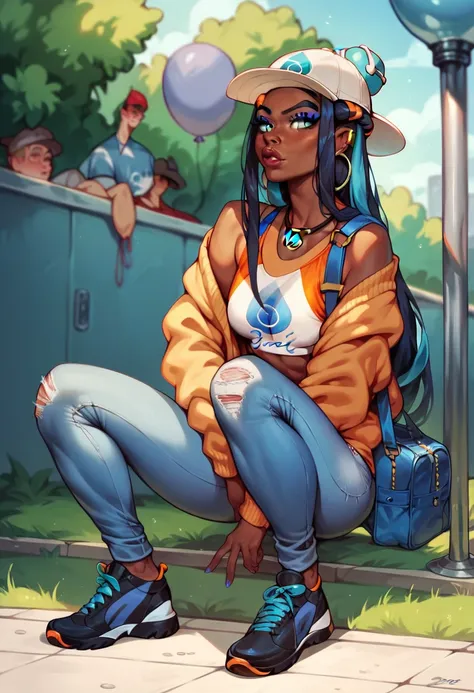 Illustration, realistic proportions, Nessa from Pokemon, grey balloon hat, grey shoulderfree sweater, white jeans, black shoes, blue sports bag, in front of a aqua park