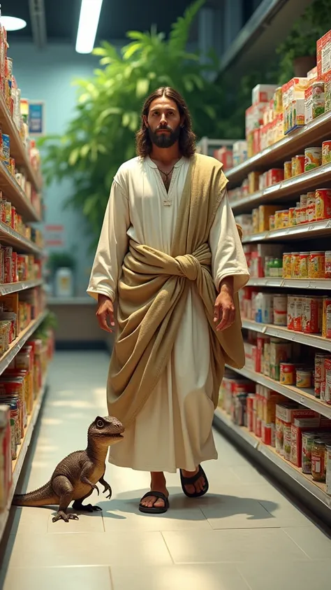 Jesus shopping in super shop, Bush, a baby dinosaur on floor , curious to see