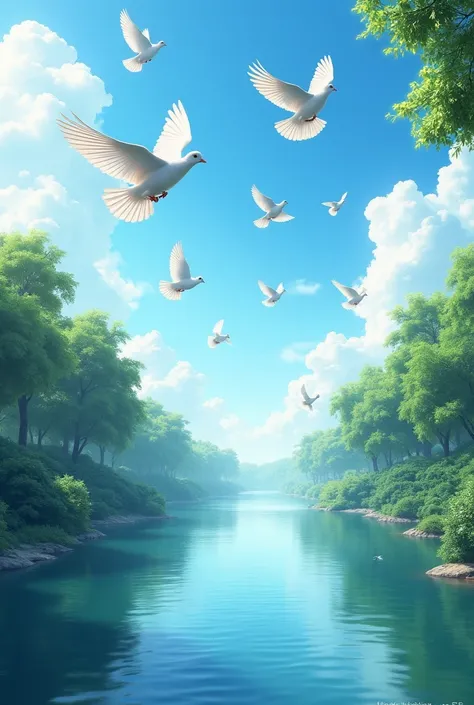 A river with birds and doves flying in the sky 