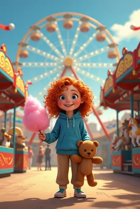  Disney-style drawing of A little redheaded girl with curly hair and blue eyes at the fairground.  She is dressed in blue and khaki ,  with pants and a nice sweater . She is in the aisles , Behind her,  In the background a Ferris wheel with subtle white li...