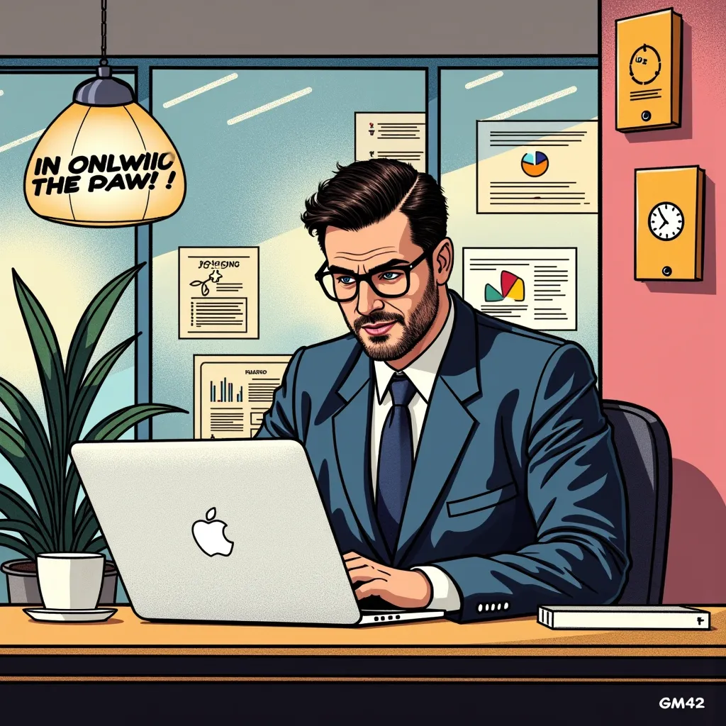 a comic-style pop-art illustration of a professional gm42 manager sitting at a desk in a modern office, focused on a macbook pro...