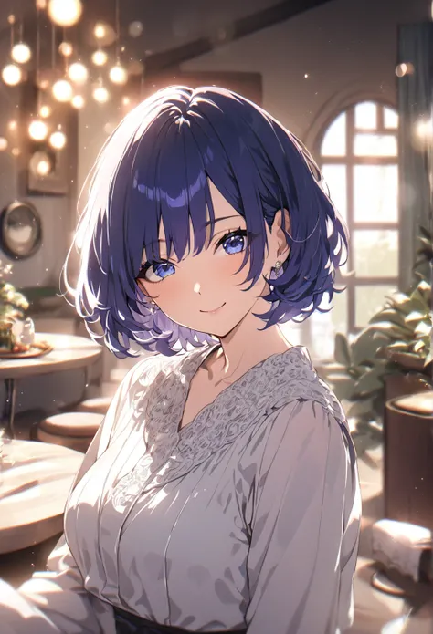 ((best quality)), ((masterpiece)), (detailed), (1girl), housewife, blue short hair, mature woman, mother with blue eyes, close mouth, happy smile, looking at the viewer, Dressed up housewife, Fancy and casual style, warm natural lighting, cinematic depth o...