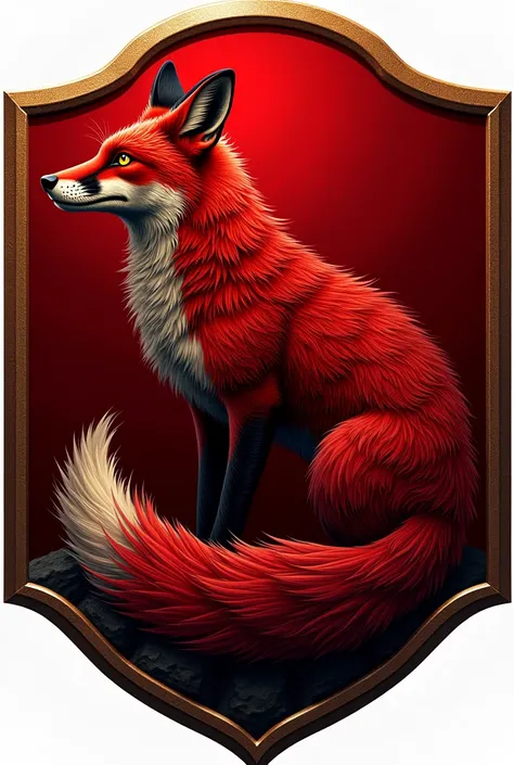 A ruby red badge with a red fox in the middle of the badge