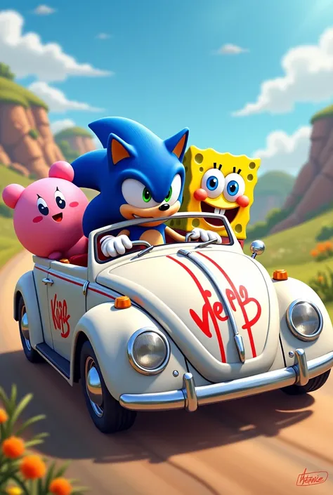 Sonic Kirby and SpongeBob drives herbie the Love Bug white wheelie