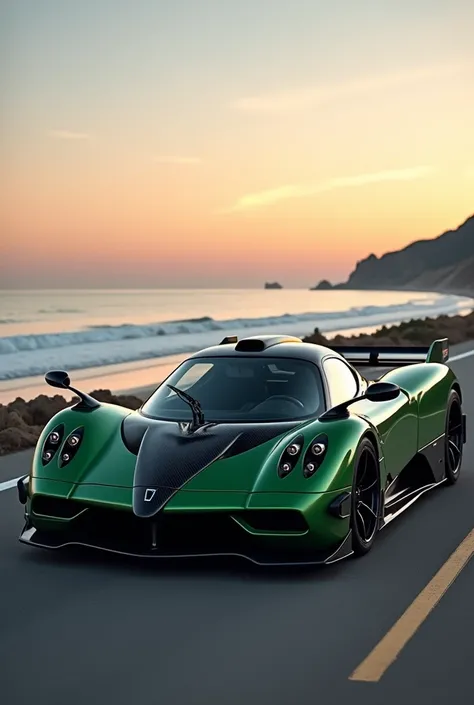 Pagani dark green Zonda R on the road 
 Evening sea view picture