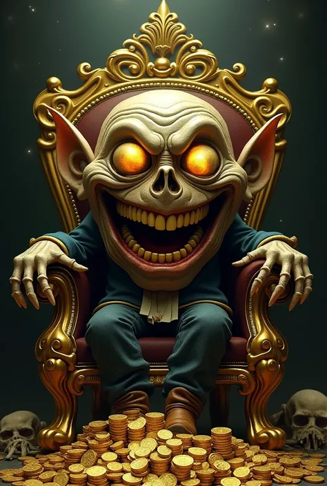 A grotesque, grinning face with an impossibly wide mouth and jagged teeth, seated on a golden throne made of coins and human bones. Its glowing eyes reflect a vault full of riches, while the background is shrouded in darkness, exuding an aura of sinister p...