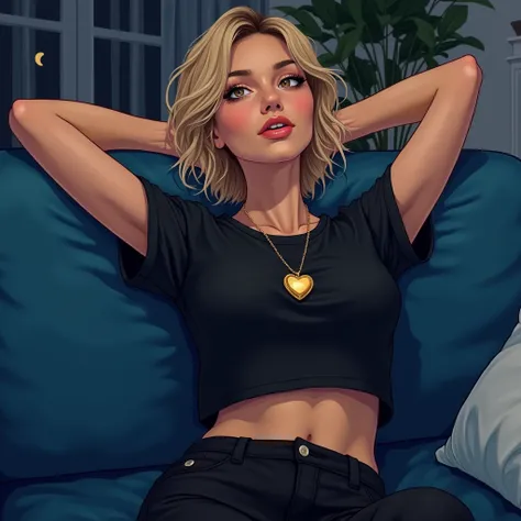 Close up portrait a olive skinned woman wearing a black T-shirt and black slacks, with a gold heart locket necklace around her neck. Brown eyes, short sandy blonde messy hair, lipstick, slim and fit. Lounging on a blue couch with her hands behind her head,...