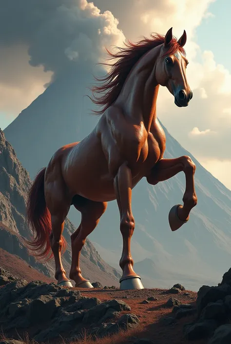 Huge horse that is on its front legs on a volcano