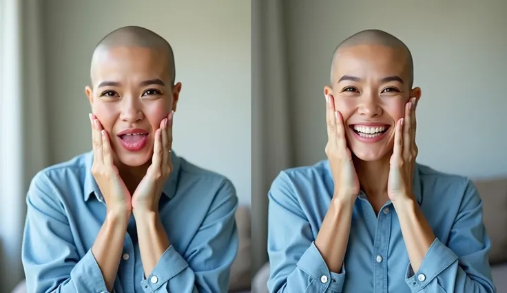 Create a photo of a Thai woman wearing a blue shirt. The first image is a bald woman with a sore mouth, holding her hands to her cheeks. The second photo is a bald woman smiling happily in a white house. The ratio is 16.:9