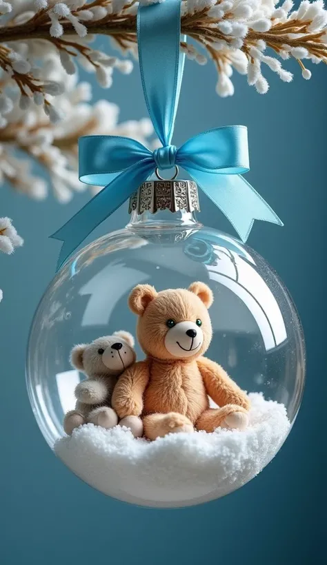 Beautiful crystal      ,    glass Christmas ornament balls on a blue satin ribbon    , Hang    :   - in a balloon with a cute teddy bear    ,     inside another ball   ,   3 babies  ,  a small one with straight hair and green eyes  ,  another with straight...