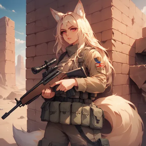 Female Soldier, Blond long hair, Fox ears, Red eyes, Desert coloured military outfit, Holding a rifle, Standing against a destroyed brick wall, Desert