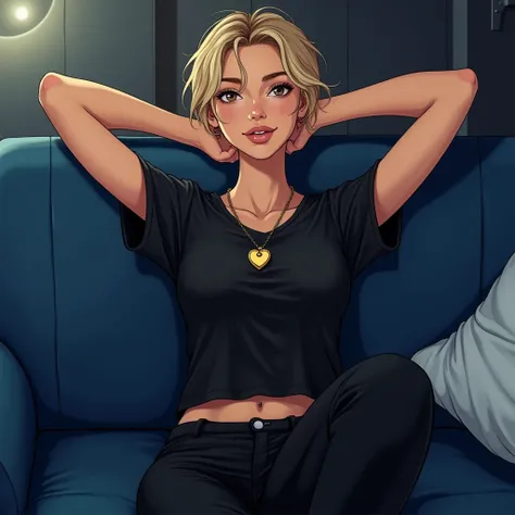 Close up portrait a olive skinned woman wearing a black T-shirt and black slacks, with a gold heart locket necklace around her neck. Brown eyes, short sandy blonde messy hair, lipstick, slim and fit. Lounging on a blue couch with her hands behind her head,...