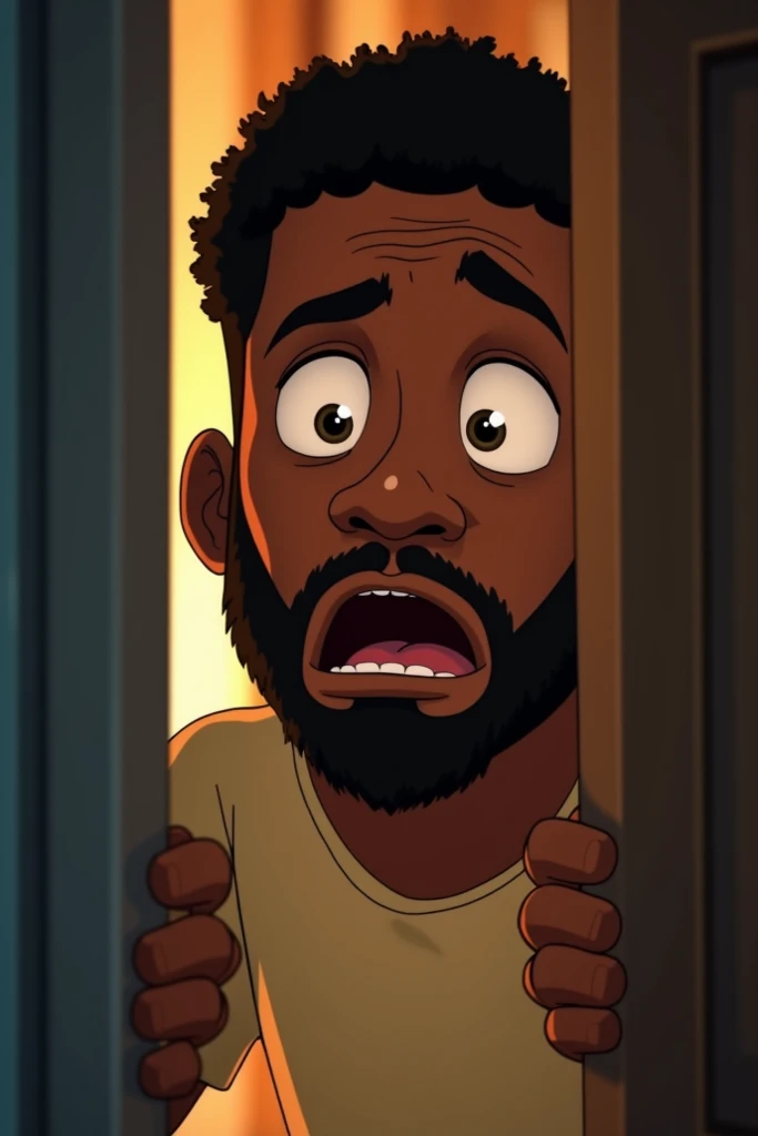 Animation of an African man hiding behind the doorway, his face filled with shock as he watches something alarming in the kitchen.