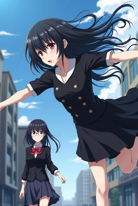  Anime girl with long black hair and red eyes wearing a double-breasted black dress ,  is flying next to the student girl with long black hair and purple eyes wearing glasses, in a shirt-wearing school uniform walking  