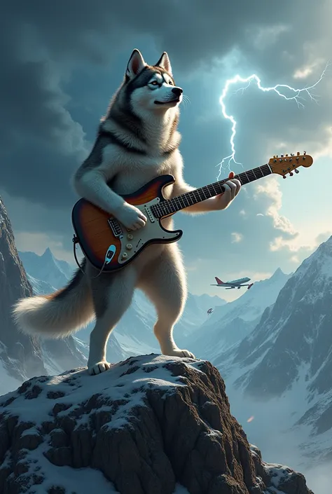 A Siberian husky playing a guitar on top of a mountain with a storm behind it and an aeroplane crushing
