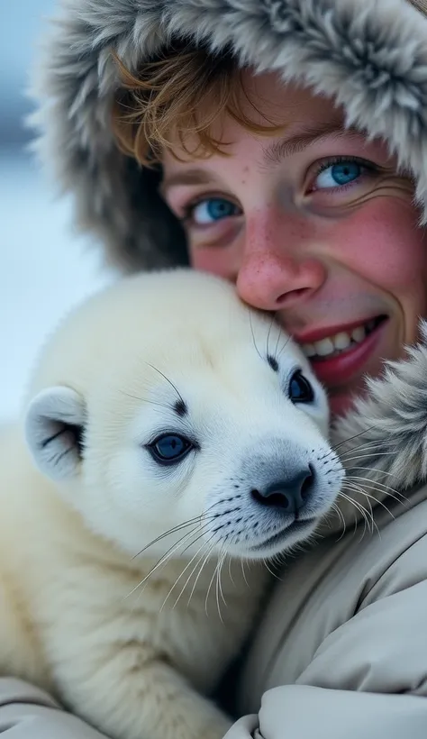    An absolutely powerful image of a young man holding a white sea lion cub   ,    captured in a style reminiscent of Martin Schoeller   . the Arctic ferret cub   ,  with her soft and large eyes   ,    nestles gently in the arms of the    ,    radiating a ...