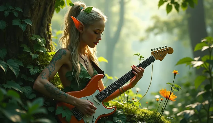 a very beautiful elven woman ,  with pointy ears ,  her scarce clothes are made of leaves and plants ,  plays the electric guitar in the forest ,  some vines with flowers embrace her body surrounding her,  in the background of a charming forest 