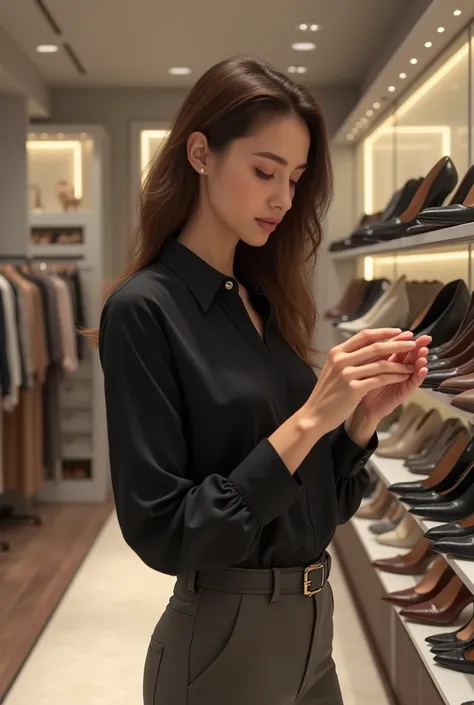 Pretty girl wearing pants with a light black blouse in a shoe store