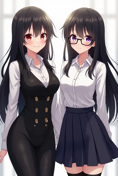  Anime girl with long black hair and red eyes wearing a double-breasted black dress ,  are smiling next to the schoolgirl with long black hair and purple eyes wearing glasses, in a shirt-wearing school uniform walking . Both equally tall  