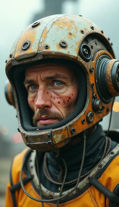 A motorized man with an open helmet and who has freckles on his face 