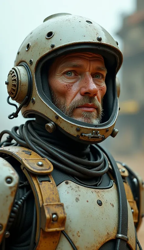 A motorized man with an open helmet and who has freckles on his face 