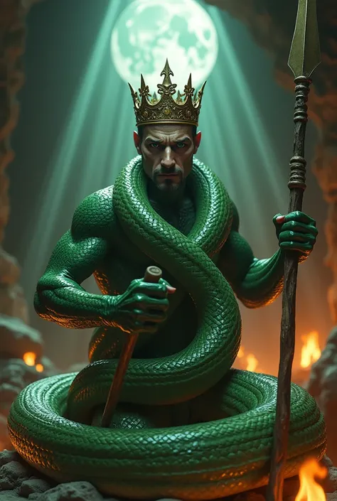 Manipulative result of a combination of the body of a large green python and the head of a handsome man wearing a crown on his head .  Hands holding a stick and a spear Background of a fire-lit cave and ultra reflective rays of moonlight.