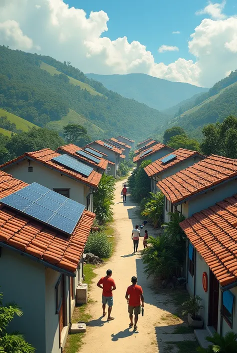 People installing solar panels in a neighborhood in the department of Quindío in Colombia
