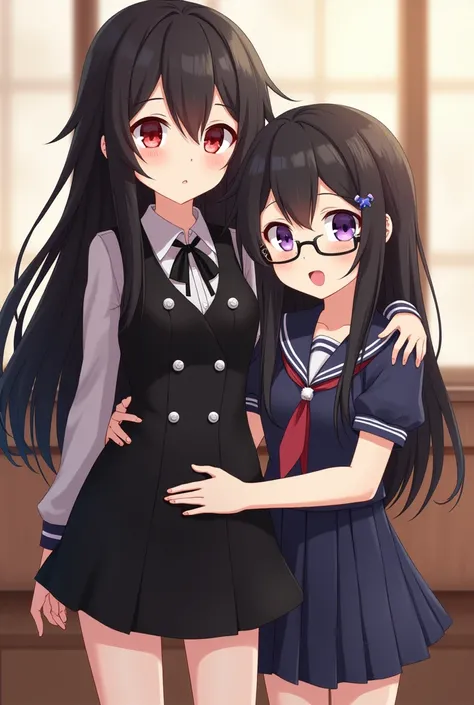  Anime girl with long black hair and red eyes wearing a double-breasted black dress , smiling schoolgirl hugging long black hair and purple eyes wearing glasses, in a shirt-wearing school uniform walking . Both equally tall  