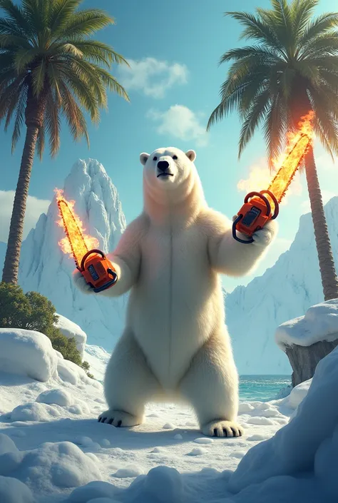 Realistic image tropical beach palm trees snow ice polar bear juggling flaming chainsaws 