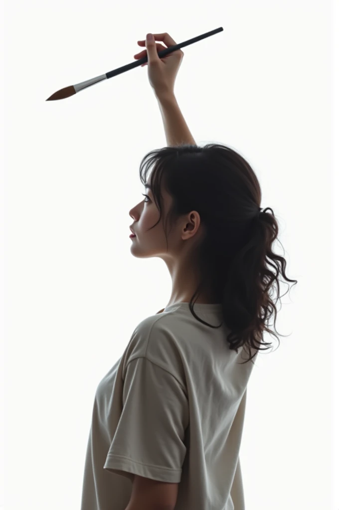  girl turning her back from the screen with a brush above her head. Hold the brush above your head. Draw a picture. Wear a shirt. The background color is white.